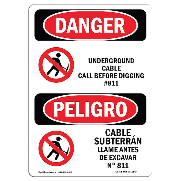 OSHA Sign, Underground Cable Call No. 811 Bilingual, 14in X 10in Alum, 10" W, 14" L, Spanish